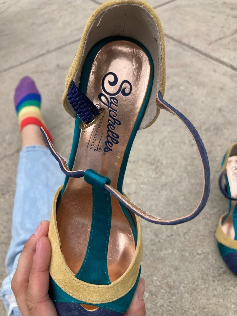 Seychelles Teal, Navy & Mustard Suede T-Strap Heels